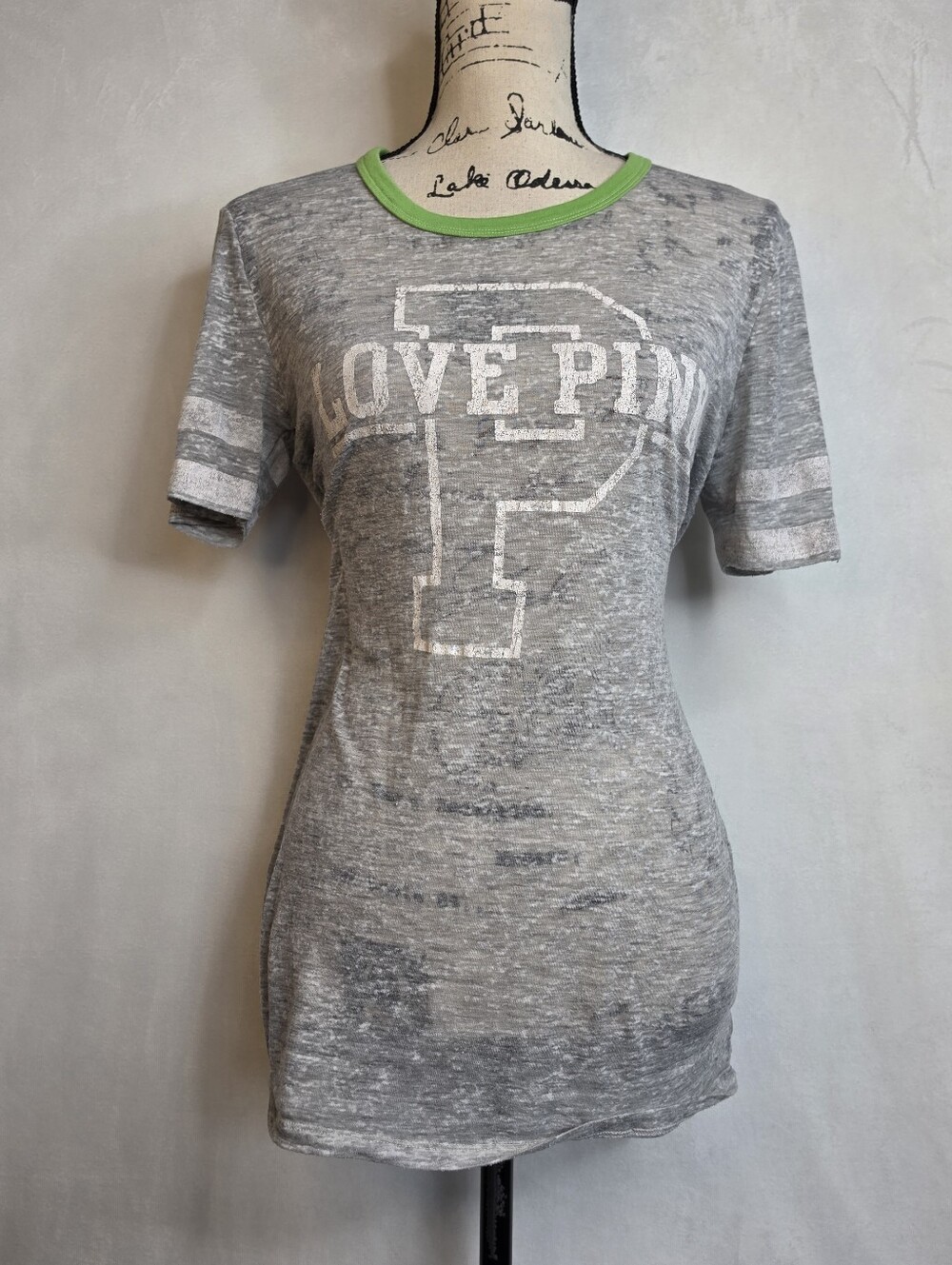 PINK Victoria's Secret Burnout Football Tee Gray Green M